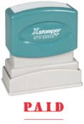 PAID Stock Stamp One-color Stock Stamp Xstamper Stamp Size 1/2” X 1 5/8”. High quality and easy re-inking with Xstamper Ink.