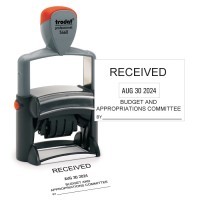 Medium Custom 1 Line of Text on Top 3 Lines Bottom - X-Stamper Dater Stamp custom text date month year self inking stamp Trodat stamp and X-Stamper. High quality custom date machine and stamper.