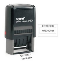 Entered Stock Stamp Trodat Date Stamp 1 x 1 5/8 custom text date month year self inking stamp Trodat stamp and X-Stamper. High quality custom date machine and stamper.
