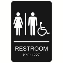Women/Men Restroom with Wheelchair Symbol 6” x 9” economy braille signs. Produced with standard designs these ADA signs are an economical way to achieve ADA compliance.