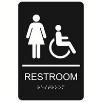 Women with Wheelchair Symbol Restroom economy braille signs. Produced with standard designs these ADA signs are an economical way to achieve ADA compliance.