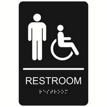 Men with Wheelchair Symbol Restroom economy braille signs. Produced with standard designs these ADA signs are an economical way to achieve ADA compliance.