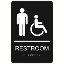 Men with Wheelchair Symbol Restroom economy braille signs. Produced with standard designs these ADA signs are an economical way to achieve ADA compliance.