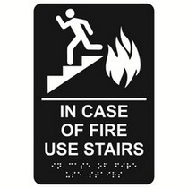 In Case of Fire Use Stairs economy braille signs. Produced with standard designs these ADA signs are an economical way to achieve ADA compliance.
