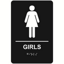 Girls Restroom economy braille signs. Produced with standard designs these ADA signs are an economical way to achieve ADA compliance.