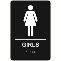 Girls Restroom economy braille signs. Produced with standard designs these ADA signs are an economical way to achieve ADA compliance.