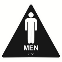Men Restroom 10” x 11” triangle economy braille signs. Produced with standard designs these ADA signs are an economical way to achieve ADA compliance.