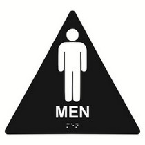 Men Restroom 10” x 11” triangle economy braille signs. Produced with standard designs these ADA signs are an economical way to achieve ADA compliance.