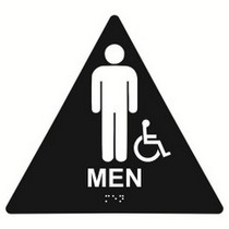 Men with Wheelchair Restroom 10” x 11” triangle economy braille signs. Produced with standard designs these ADA signs are an economical way to achieve ADA compliance.