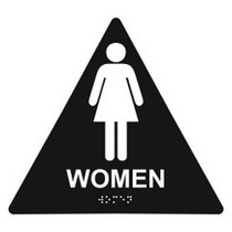 Women Restroom 10” x 11” triangle economy braille signs. Produced with standard designs these ADA signs are an economical way to achieve ADA compliance.
