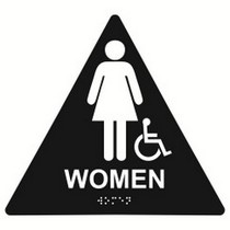Women with Wheelchair Symbol Restroom 10” x 11” triangle economy braille signs. Produced with standard designs these ADA signs are an economical way to achieve ADA compliance.