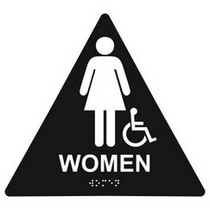 Women with Wheelchair Symbol Restroom 10” x 11” triangle economy braille signs. Produced with standard designs these ADA signs are an economical way to achieve ADA compliance.