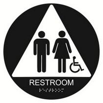 Restroom with Wheelchair Symbol 12″ diameter circular economy braille signs. Produced with standard designs these ADA signs are an economical way to achieve ADA compliance.