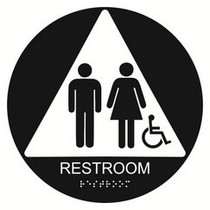Restroom with Wheelchair Symbol 12″ diameter circular economy braille signs. Produced with standard designs these ADA signs are an economical way to achieve ADA compliance.