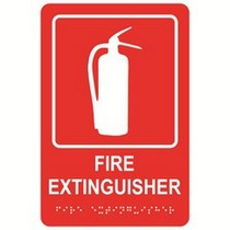 Fire Extinguisher 6” x 9” economy braille signs. Produced with standard designs these ADA signs are an economical way to achieve ADA compliance.