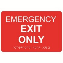 Emergency Exit Only 9″ x 6″ economy braille signs. Produced with standard designs these ADA signs are an economical way to achieve ADA compliance.