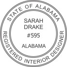 Alabama Professional  Interior Designer Seal pre-inked Xstamper conforms to state  laws. For Professional Architect and Engineer stamps.