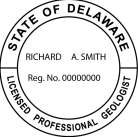 Delaware Professional Geologist Seal traditional rubber stamp to state laws. For Professional Architect and Engineer stamps.