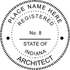 Indiana Registered Architect Seal traditional rubber stamp conforms to state laws. For Professional Architect and Engineer stamps.