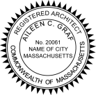 Massachusetts Registered Architect Seal traditional rubber stamp to state laws. For Professional Architect and Engineer stamps.