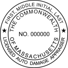 Massachusetts Auto Damage Appraiser Seal traditional rubber stamp to state laws. For Professional Architect and Engineer stamps.