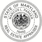 Maryland Real Estate Appraiser Seal traditional rubber stamp to state laws. For Professional Architect and Engineer stamps.