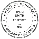 Michigan Registered Forester Seal traditional rubber stamp conforms to state laws. For Professional Architect and Engineer stamps.
