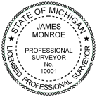 Michigan Professional Surveyor Seal traditional rubber stamp conforms to state laws. For Professional Architect and Engineer stamps.