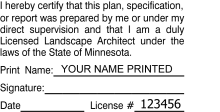Minnesota Landscape Architect Plan Stamp Pre inked X-stamper stamp conforms to state  laws.