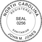 North Carolina Sanitarian Seal traditional rubber stamp to state laws. For Professional Architect and Engineer stamps.