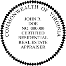 Virginia Certified Residential Real Estate Appraiser Seal pre-inked X-Stamper conforms to state  laws. For Professional Architect and Engineer stamps.