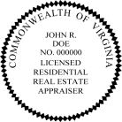 Virginia Licensed Residential Real Estate Appraiser Seal traditional rubber stamp to state laws. For Professional Architect and Engineer stamps.